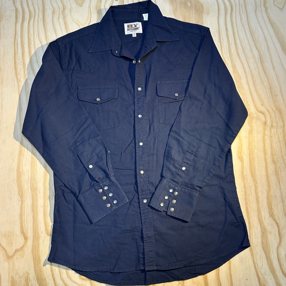 Ely Cattleman Men's Western Snap Shirt Navy Blue Solid Pearl Snap Top Size 16-33 - Picture 2 of 6